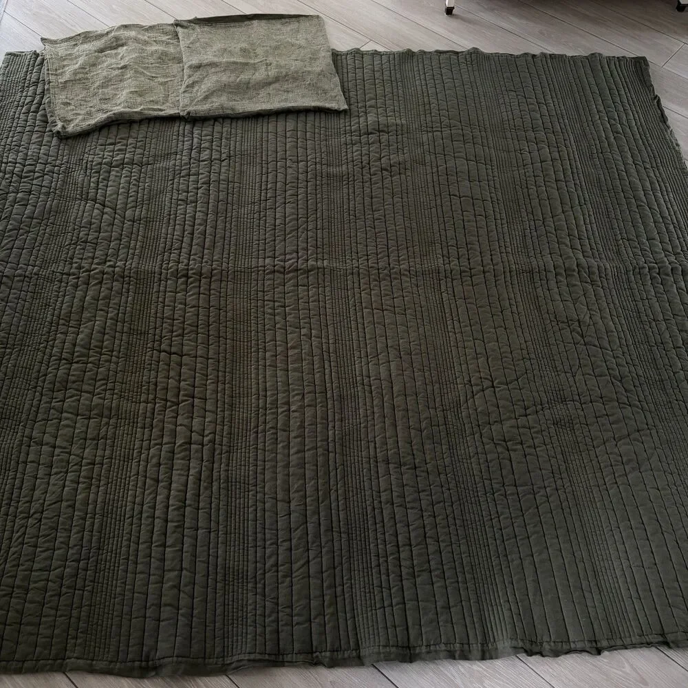 West Elm European Flax Linen Linework Quilt King Size w/2 Euro Shams Olive Green